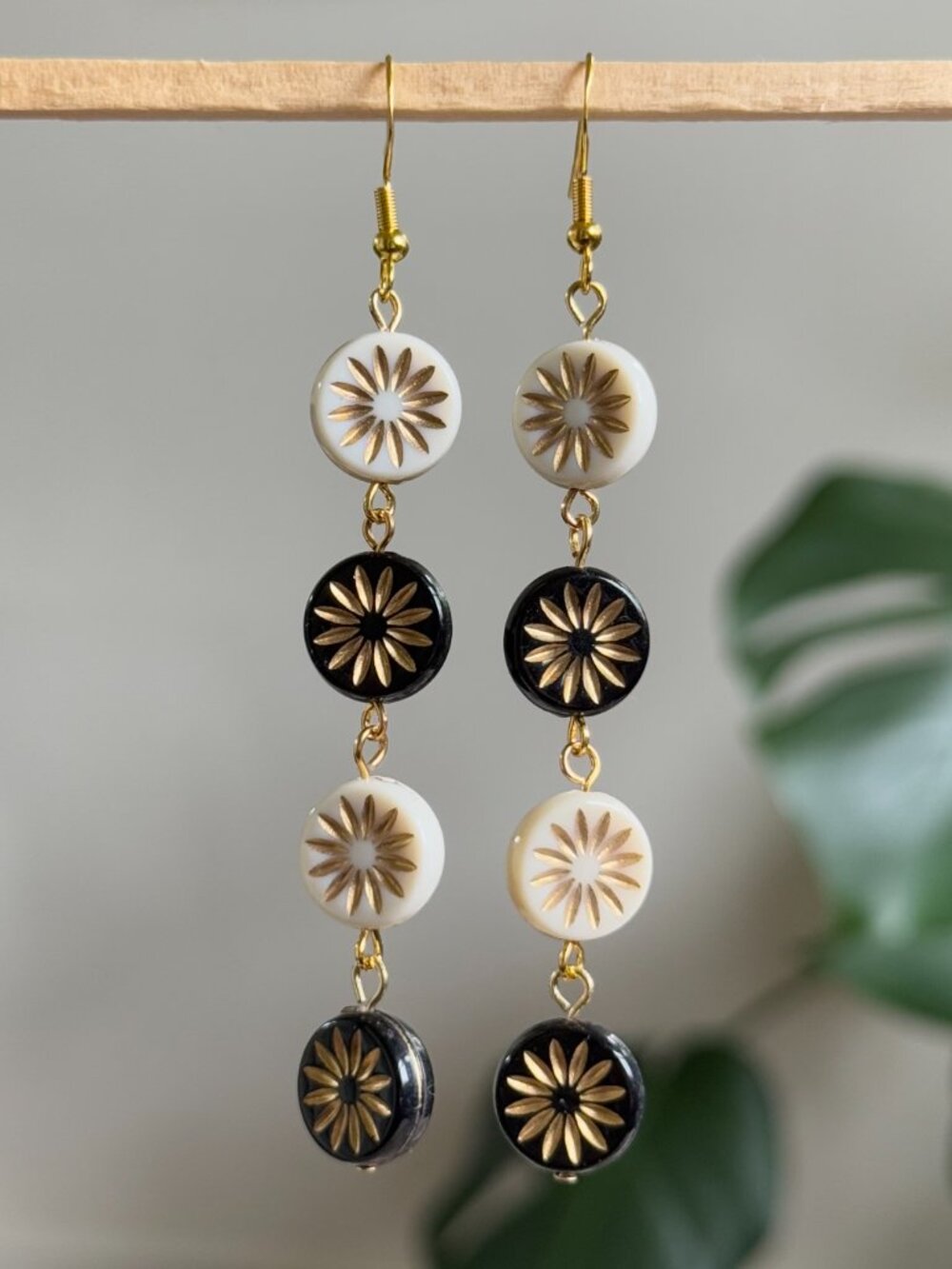 handmade earrings with black & white czech round beads and gold accents